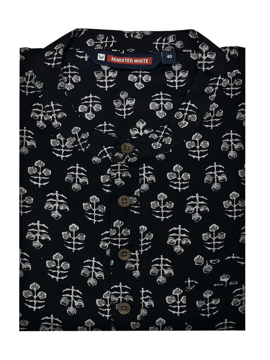 Mens Cotton Black Colour Full Sleeves Short Kurta by Minister White
