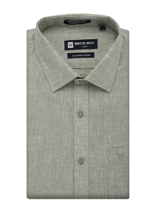 Mens Pure Linen Regular Fit Sap Colour Shirt Alanzo Linen by Minister White