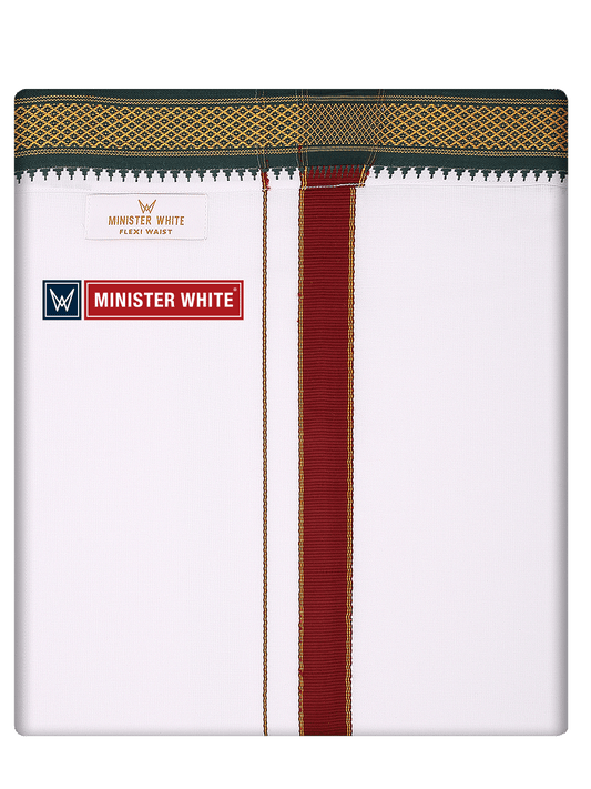 Mens Cotton White Colour Single Layered with Myilkhgan Border Flexi Velcro Dhoti - Garuda by Minister White