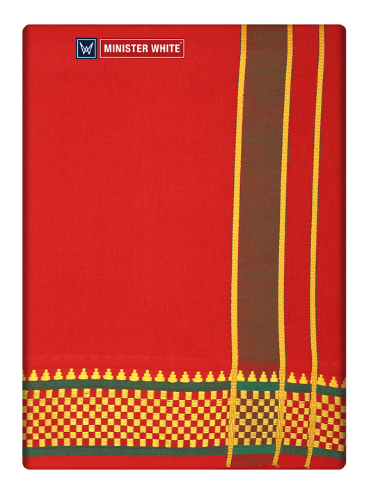 Men's Cotton Red Panchakacham & Angavastram Set with Elegant Assorted Border Design River
