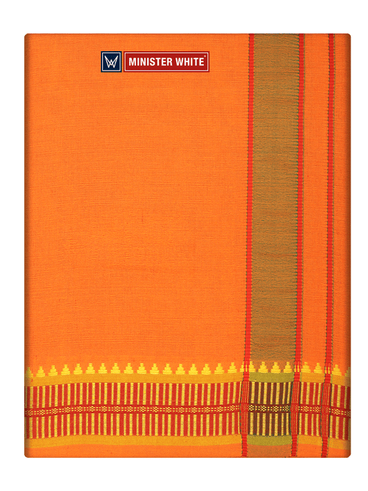 Men's Cotton Orange Panchakacham & Angavastram Set with Elegant Assorted Border Design River