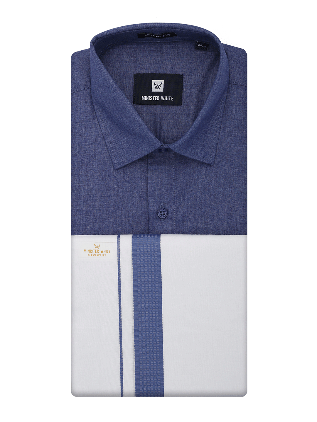 Mens Cotton Blue Color Shirt with Matching Border Flexi Dhoti Combo Casper Flexi by Minister White