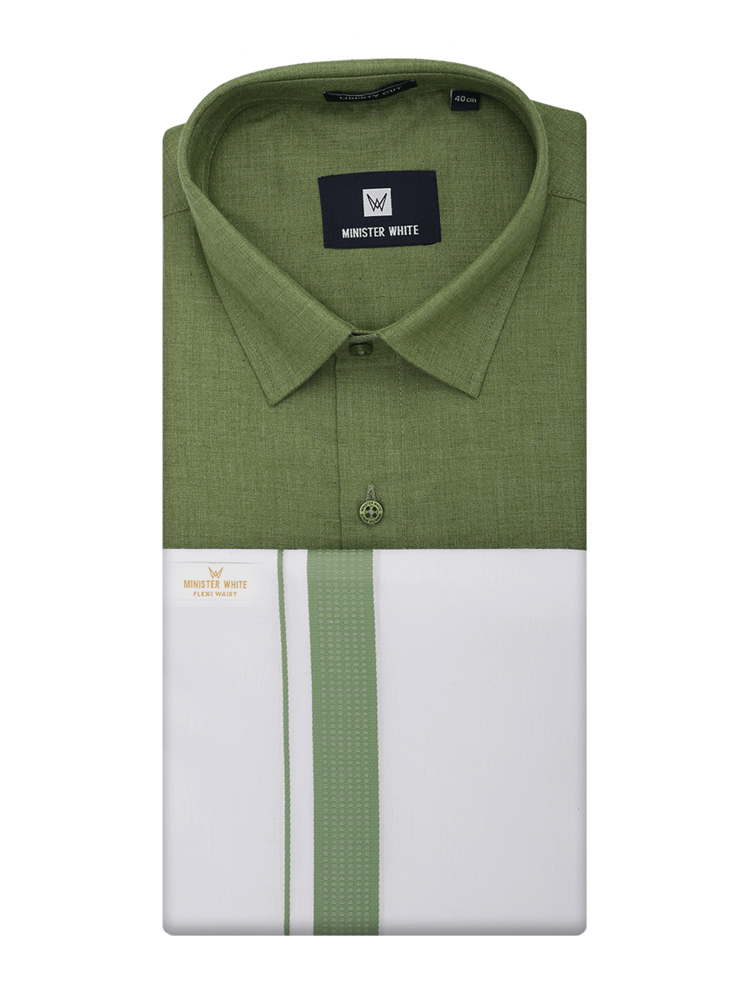 Mens Light Green Shirt with Matching Border Flexi Dhoti Combo Casper Flexi by Minister White