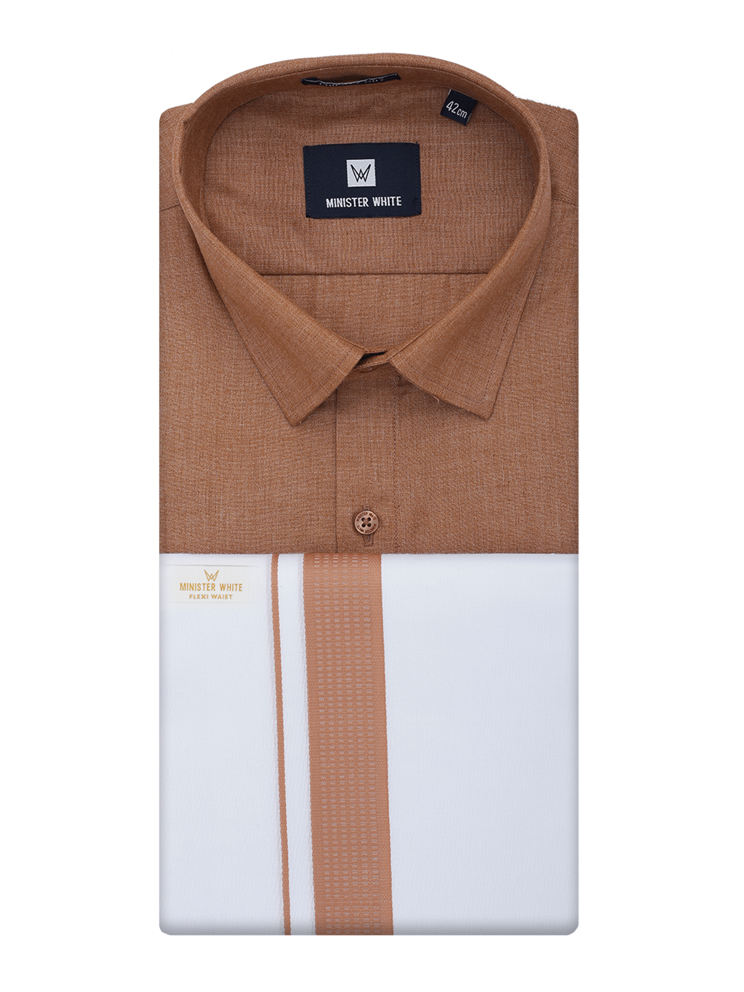 Mens Cotton Brown Shirt with Matching Border Flexi Dhoti Combo Casper Flexi by Minister White