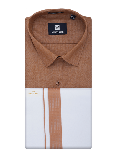 Mens Cotton Brown Shirt with Matching Border Flexi Dhoti Combo Casper Flexi by Minister White