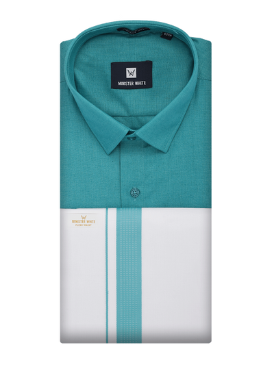 Mens Sky Blue Shirt with Matching Border Flexi Dhoti Combo Casper Flexi by Minister White