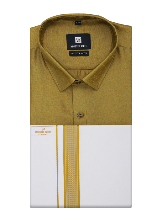 Mens Light Green Dupion Satin Color Shirt with Matching Border Flexi Dhoti Combo Gora Flexi by Minister White