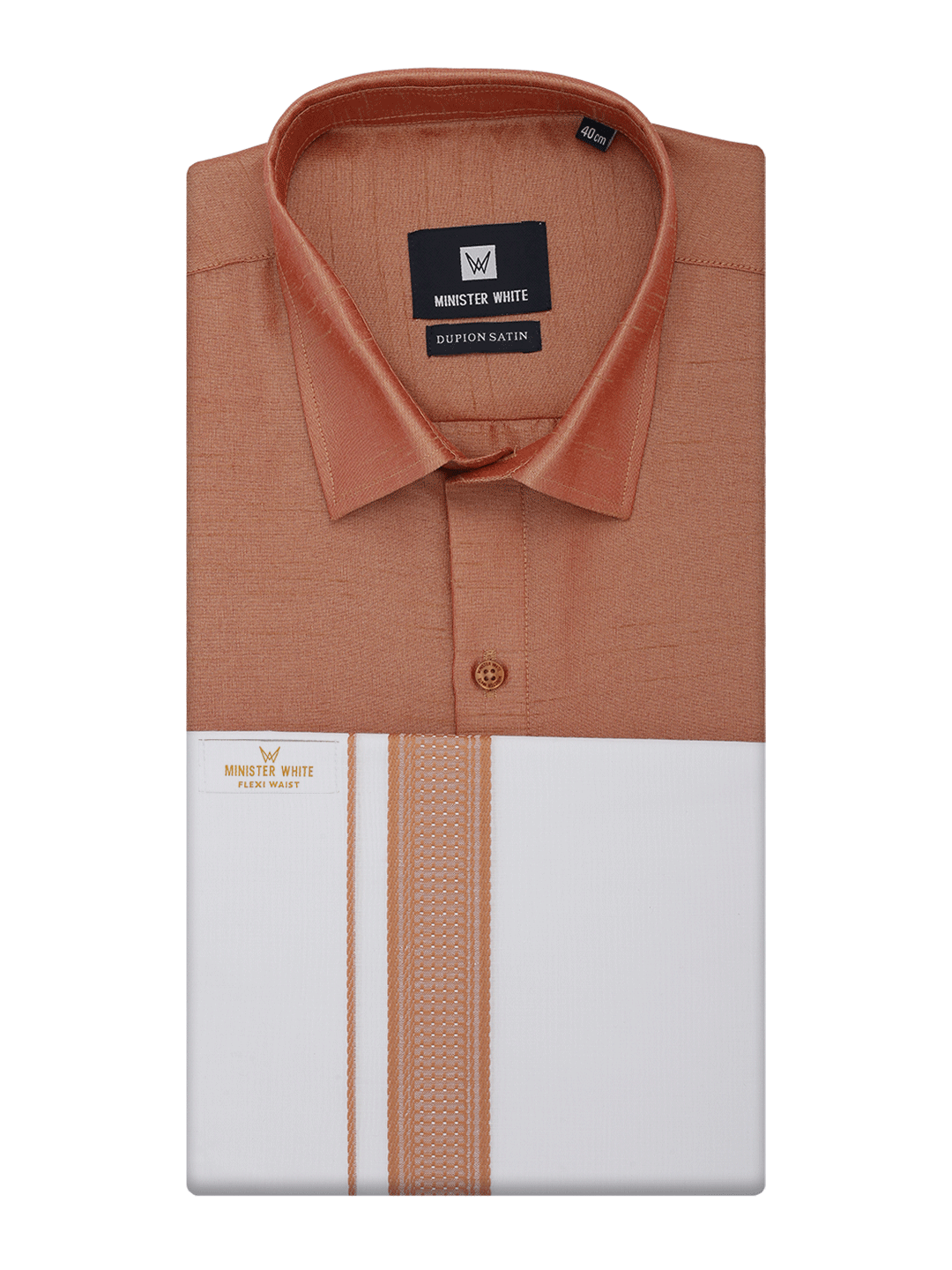 Mens Light Brown Dupion Satin Shirt with Matching Border Flexi Dhoti Combo Gora Flexi