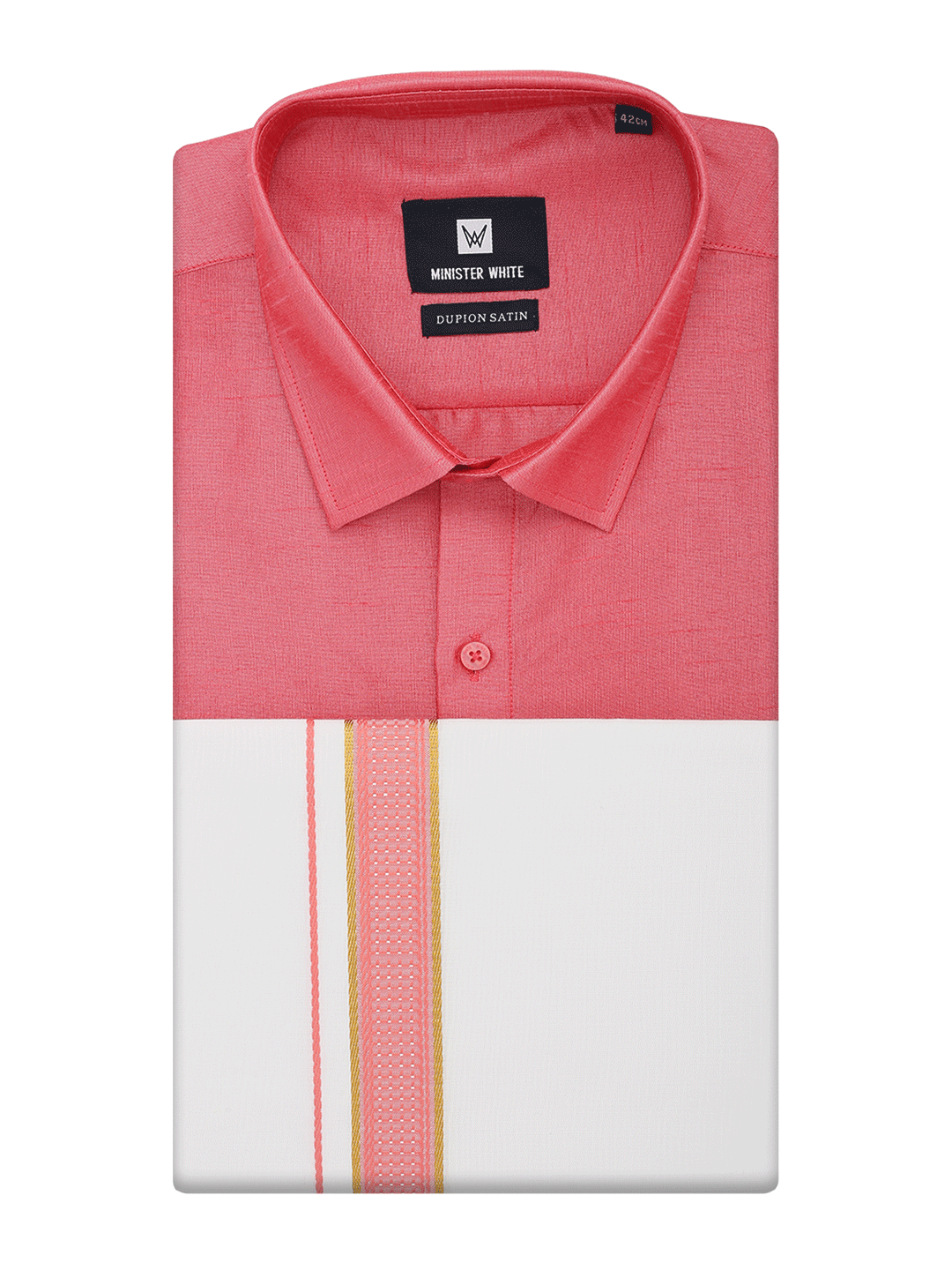 Mens Coral Pink Dupion Satin Shirt with Matching Border Dhoti Combo Gora