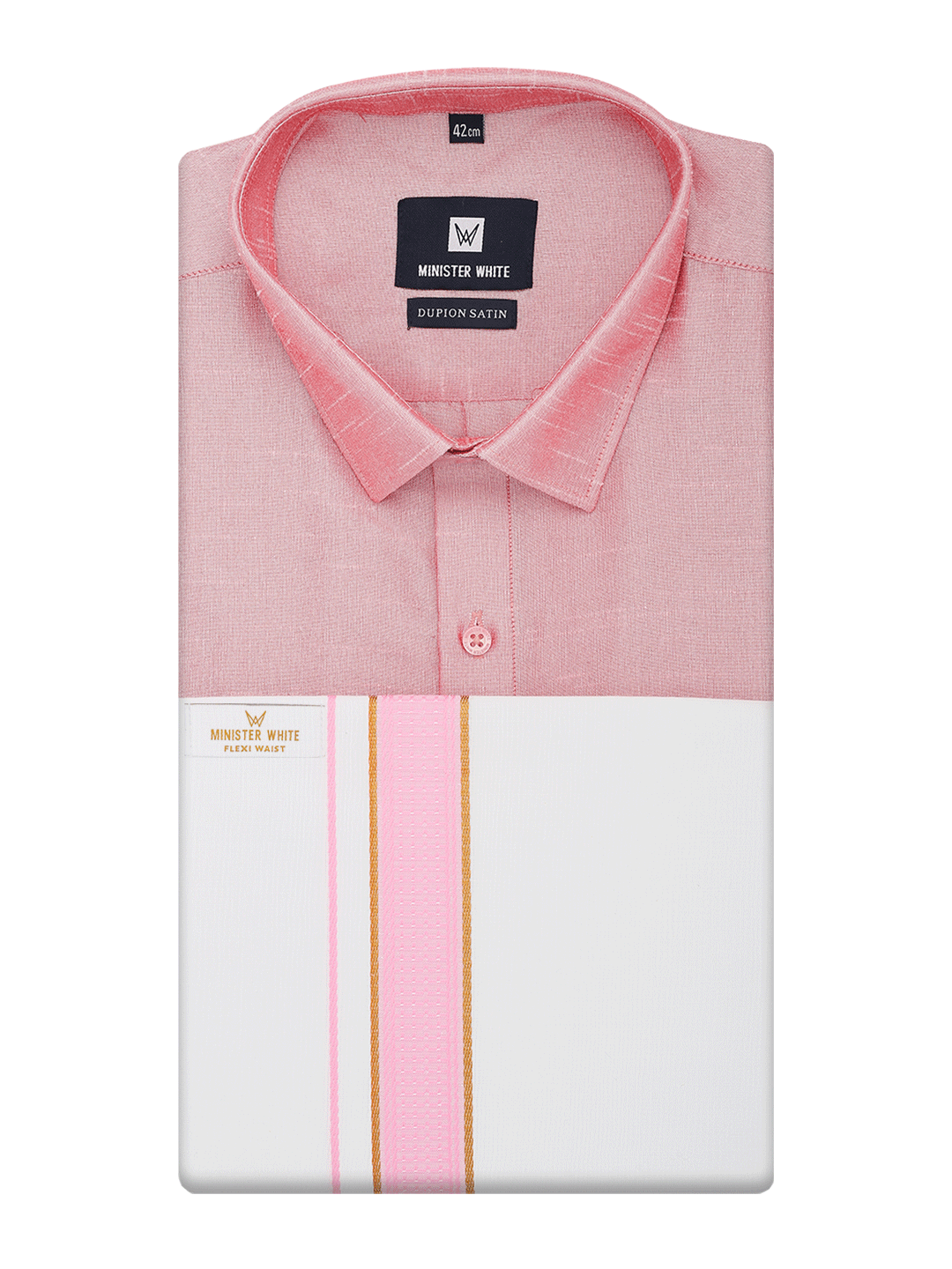 Mens Light Pink Dupion Satin Shirt with Matching Border Flexi Dhoti Combo Gora Flexi by Minister White