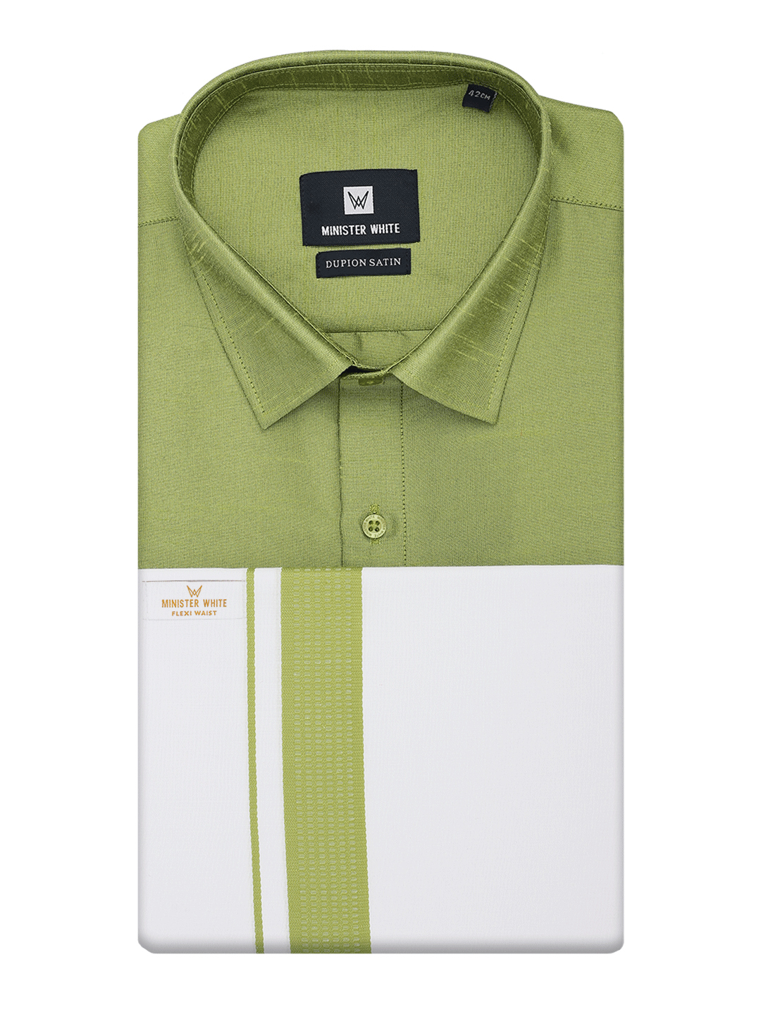 Mens Green Dupion Satin Shirt with Matching Border Flexi Dhoti Combo Gora Flexi by Minister White