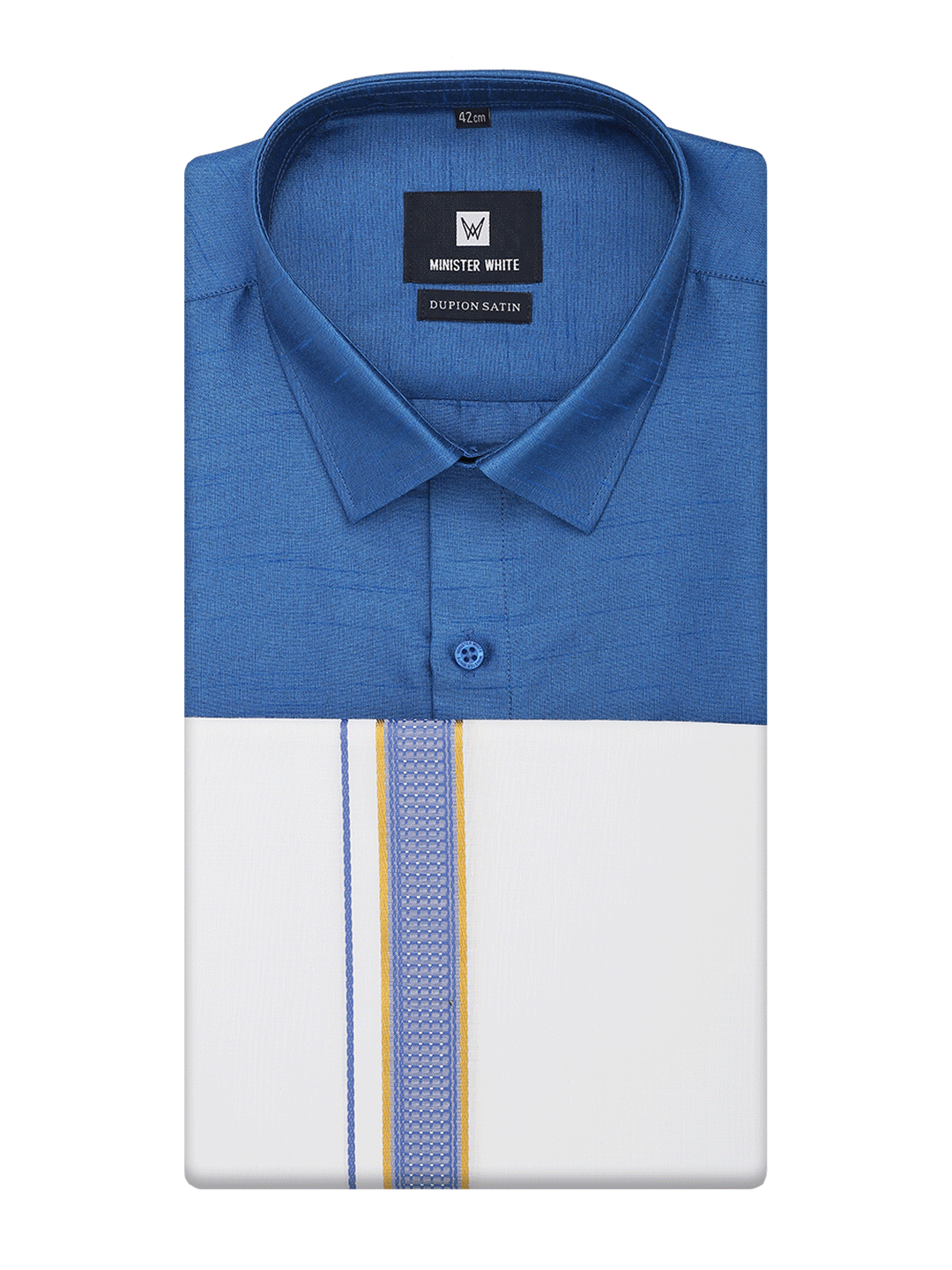 Mens Sky Blue Dupion Satin Color Shirt with Matching Border Dhoti Combo Gora