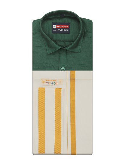 Boys Green Color Half Sleeves Shirt with Gold Jari Flexi Dhoti Adorable Boy by Minister White