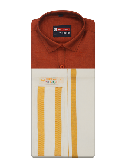 Boys Brown Color Half Sleeves Shirt with Gold Jari Flexi Dhoti Adorable Boy by Minister White