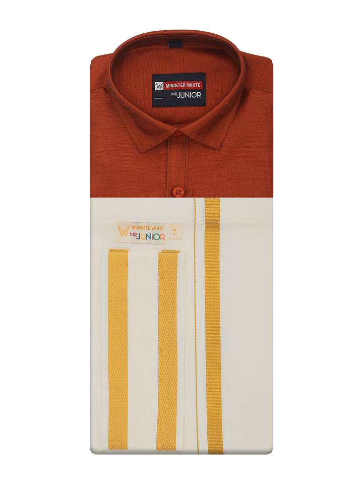 Boys Brown Color Half Sleeves Shirt with Gold Jari Flexi Dhoti Adorable Boy by Minister White