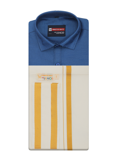 Boys Blue Color Half Sleeves Shirt with Gold Jari Flexi Dhoti Adorable Boy by Minister White