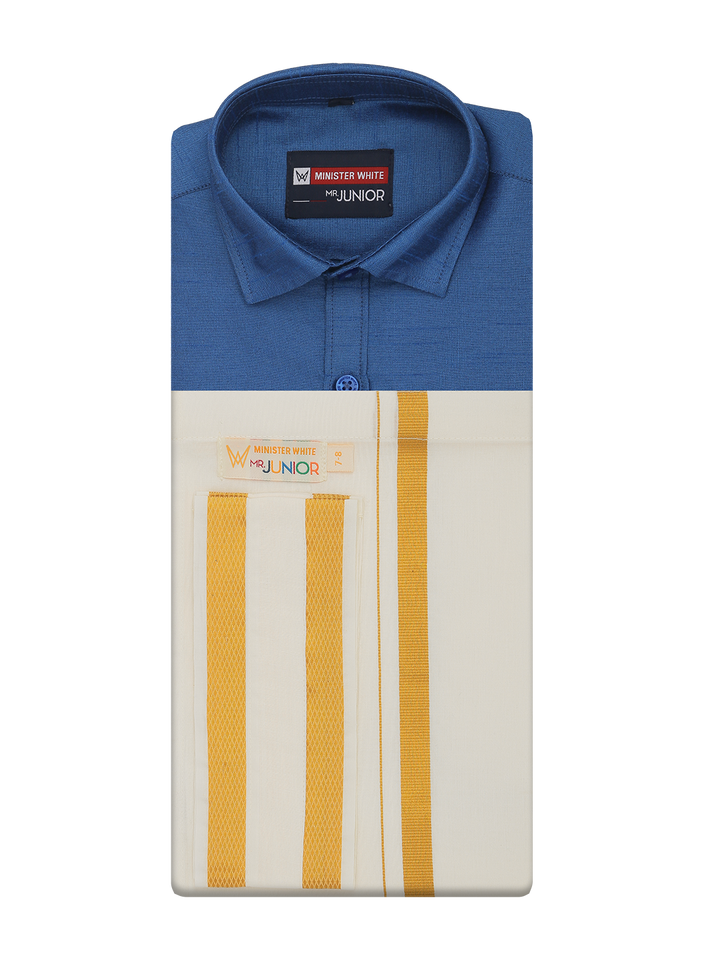 Boys Blue Color Half Sleeves Shirt with Gold Jari Flexi Dhoti Adorable Boy by Minister White