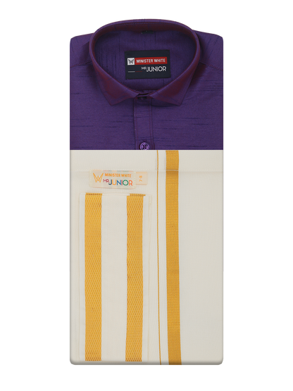 Boys Violet Color Half Sleeves Shirt with Gold Jari Flexi Dhoti Adorable Boy by Minister White