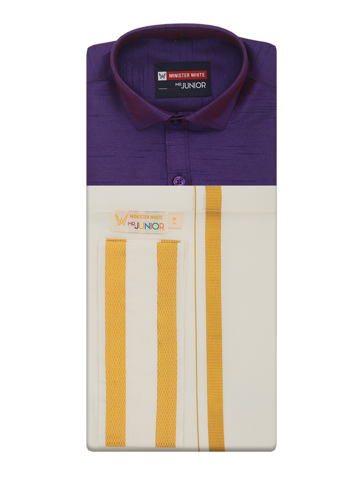 Boys Violet Color Half Sleeves Shirt with Gold Jari Flexi Dhoti Adorable Boy by Minister White