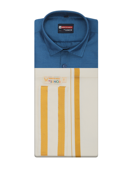 Boys Dark Blue Color Half Sleeves Shirt with Gold Jari Flexi Dhoti Adorable Boy by Minister White