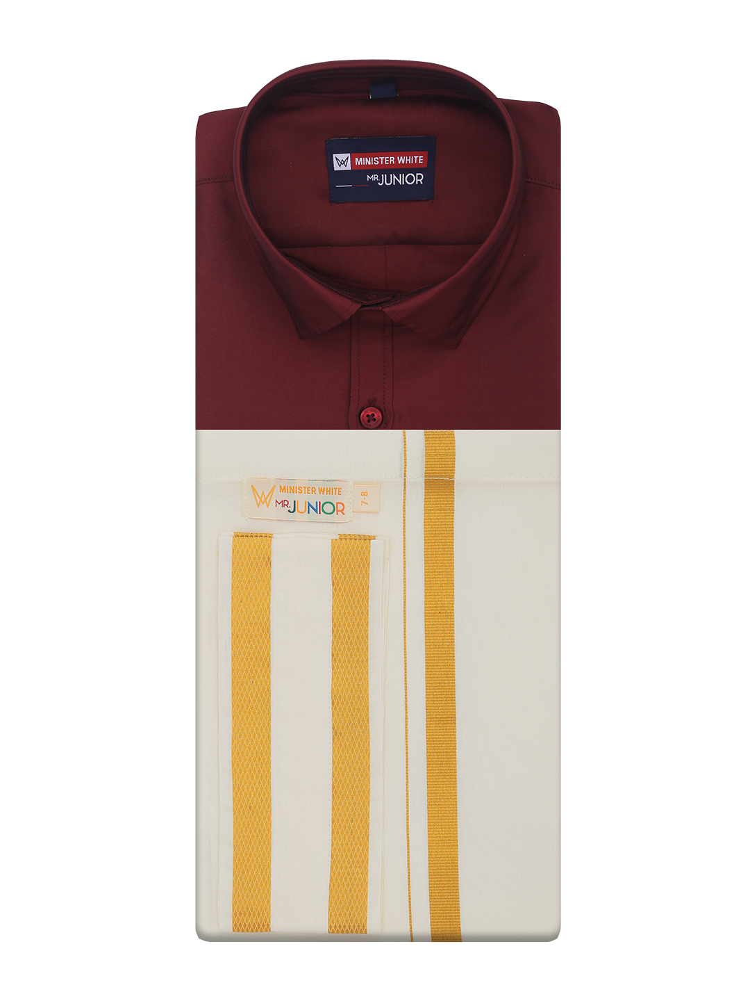Boys Art Silk Maroon Half Sleeves Shirt with Gold Jari Flexi Dhoti Towel Combo Calm Boy by Minister White