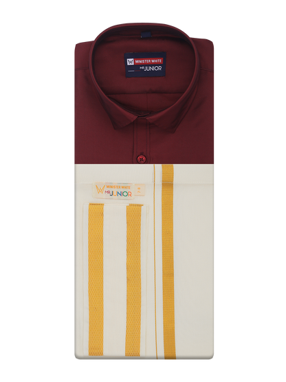 Boys Art Silk Maroon Half Sleeves Shirt with Gold Jari Flexi Dhoti Towel Combo Calm Boy by Minister White