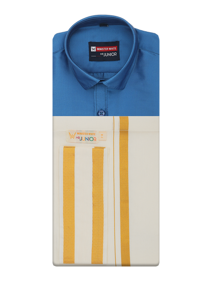Boys Art Silk Sky Blue Half Sleeves Shirt with Gold Jari Flexi Dhoti Towel Combo Calm Boy by Minister White