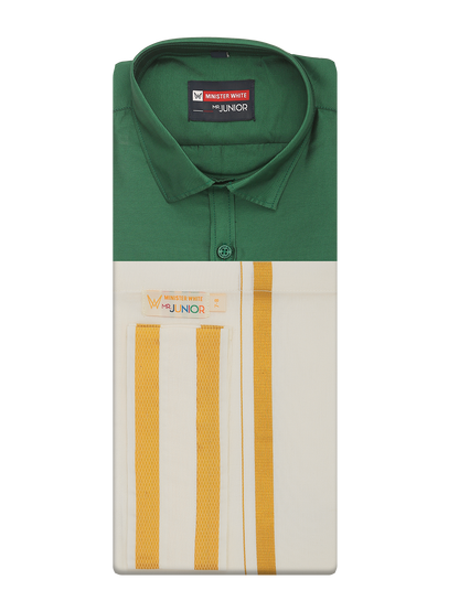 Boys Art Silk Green Half Sleeves Shirt with Gold Jari Flexi Dhoti Towel Combo Calm Boy by Minister White