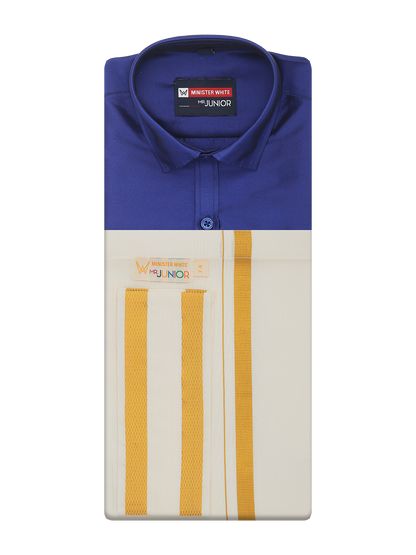 Boys Art Silk Violet Half Sleeves Shirt with Gold Jari Flexi Dhoti Towel Combo Calm Boy by Minister White