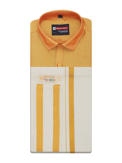 Boys Art Silk Golden Yellow Half Sleeves Shirt with Gold Jari Flexi Dhoti Towel Combo Calm Boy by Minister White