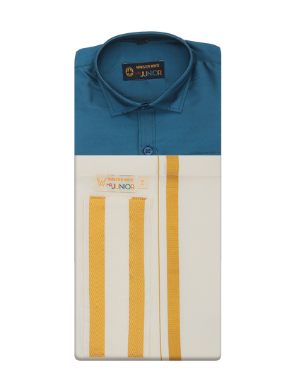 Boys Art Silk Ocean Blue Half Sleeves Shirt with Gold Jari Flexi Dhoti Towel Combo Calm Boy by Minister White