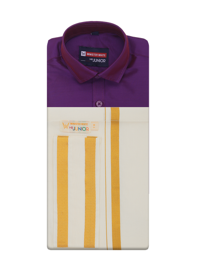 Boys Art Silk Purple Half Sleeves Shirt with Gold Jari Flexi Dhoti Towel Combo Calm Boy by Minister White