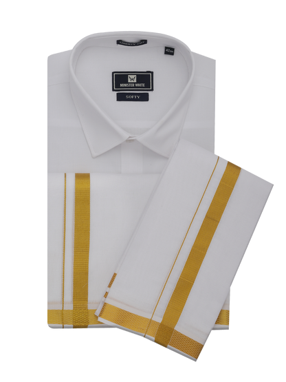 Mens Pure Cotton White Wedding Shirt Dhoti Towel by Minister White