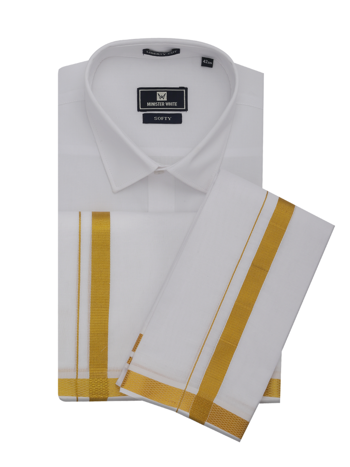 Mens Pure Cotton White Wedding Shirt Dhoti Towel by Minister White