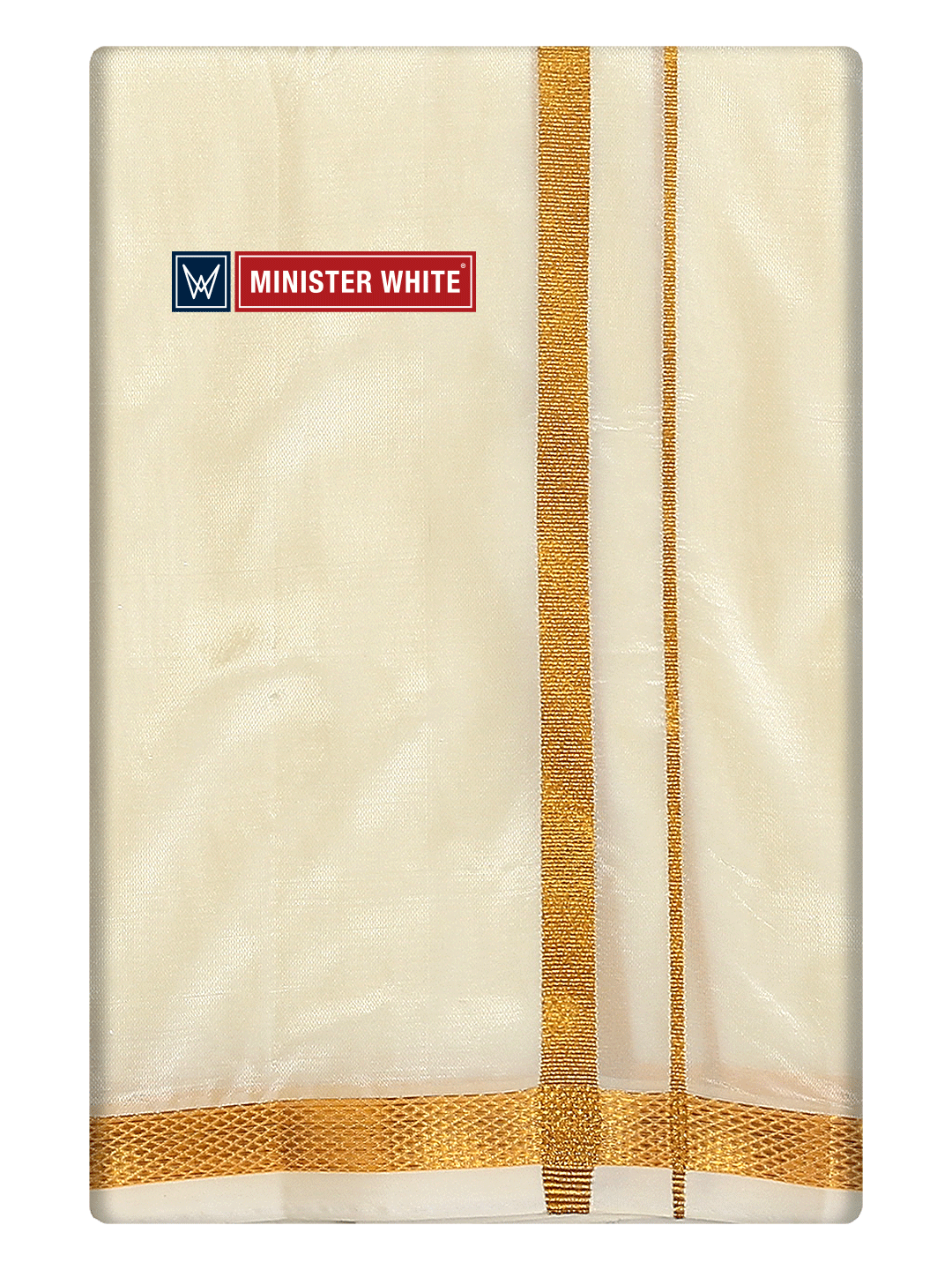 Mens Art Silk Cream Double Dhoti with 50K Gold Jari Border Gaya 50K by Minister White