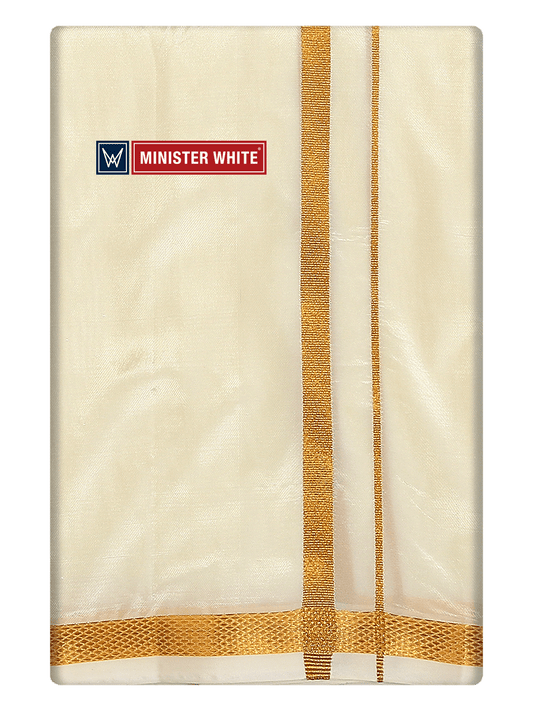 Mens Art Silk Cream Double Dhoti with 50K Gold Jari Border Gaya 50K by Minister White