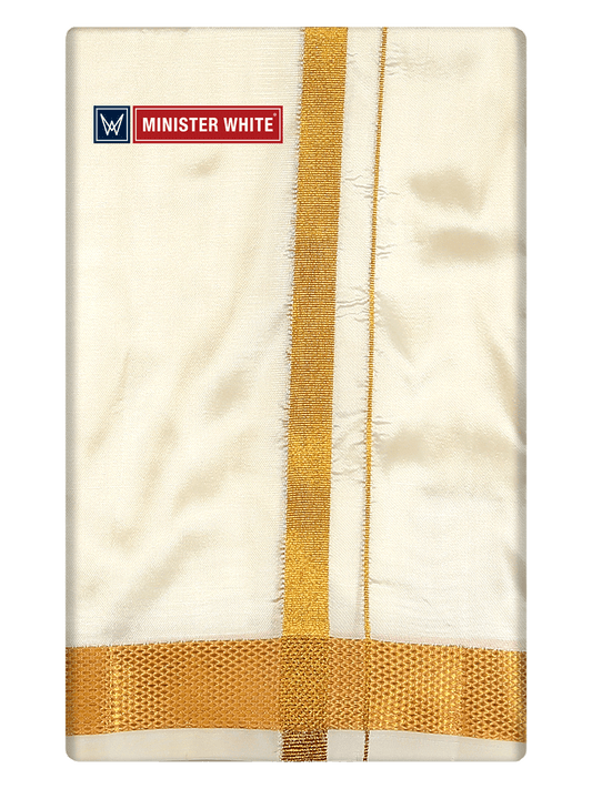 Mens Art Silk Cream Double Dhoti with 70K Gold Jari Border Gaya 70K by Minister White