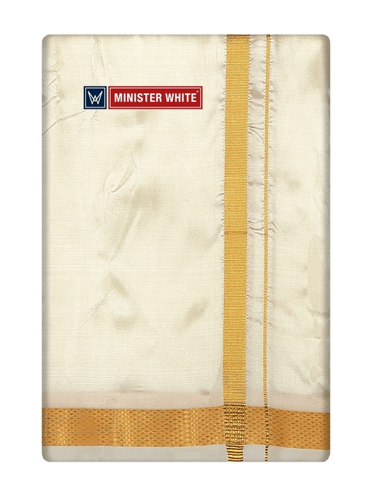 Mens Art Silk Double Layer Cream Dhoti with 50K Gold Jari Border - Prince 50K by Minister White