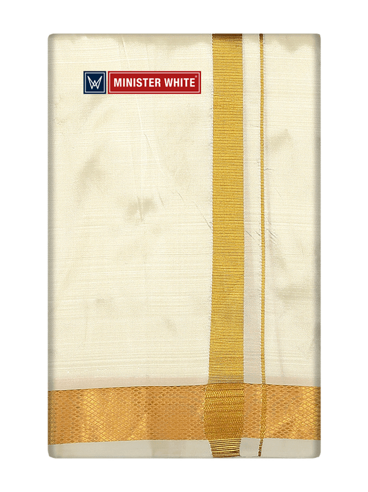 Mens Silk Mix Double Layer Cream Dhoti with 70K Gold Jari Border - Prince 70K by Minister White