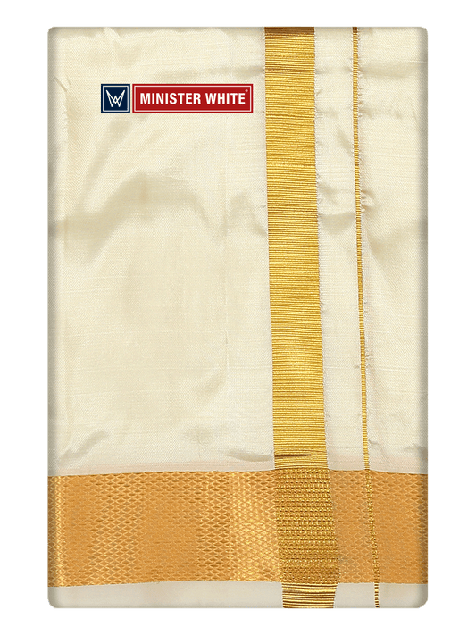 Mens Silk Mix Double Layer Cream Dhoti with 100K Gold Jari Border - Prince 100K by Minister White