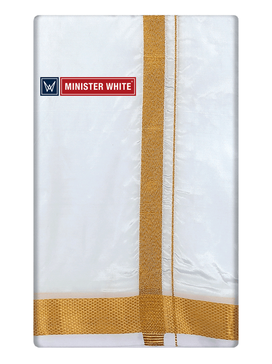 Mens Art Silk White Double Dhoti with 70K Gold Jari Border - Dharmashala 70K by Minister White