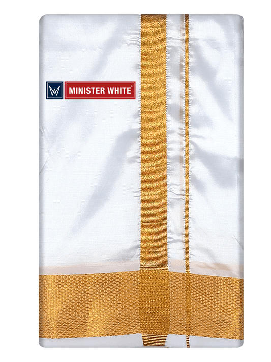 Mens Art Silk White Double Dhoti with 100K Gold Jari Border - Dharmashala 100K by Minister White