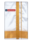 Mens Art Silk White Double Dhoti with 100K Gold Jari Border - Gaya 100K