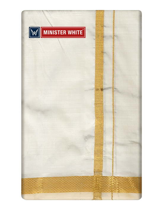 Mens Double Layer Cream Pure Silk Dhoti with 50K Golden Jari Border - Yukta 50K by Minister White