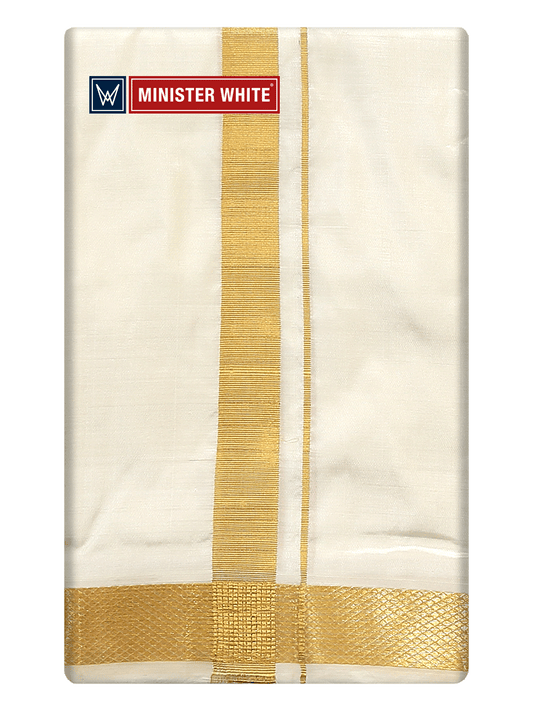 Mens Double Layer Cream Pure Silk Dhoti with 70K Golden Jari Border - Yukta 70K by Minister White