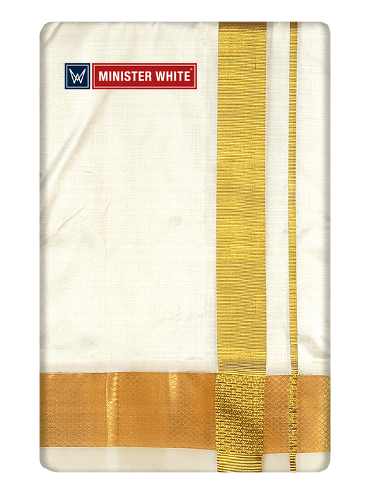 Mens Double Layer Cream Pure Silk Dhoti with 100K Golden Jari Border - Yukta 100K by Minister White