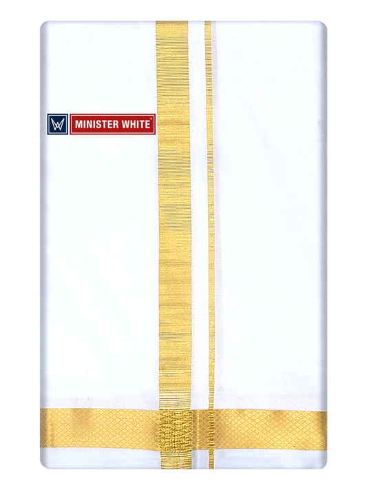 Mens Double Layer White Pure Silk Dhoti with 50K Golden Jari Border - Bheeshma 50K by Minister White