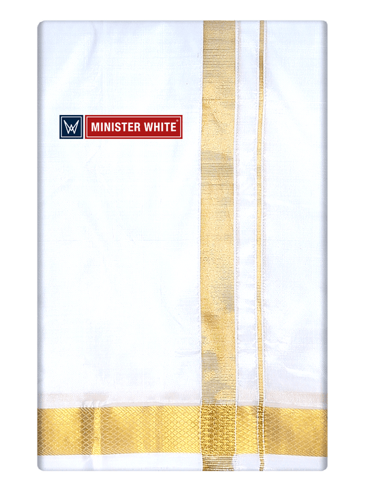 Mens Double Layer White Pure Silk Dhoti with 70K Golden Jari Border - Bheeshma 70K by Minister White
