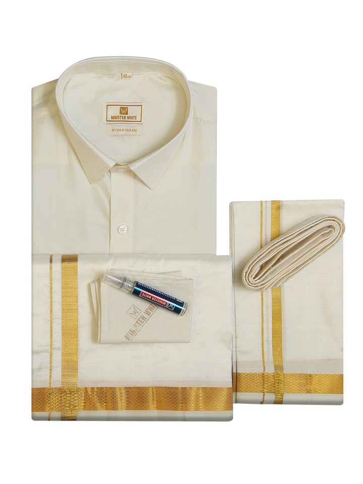 Men's Pure Silk Wedding Cream Shirt, Dhoti, Nerial with Belt Combo - Nesam 50 K by Minister White