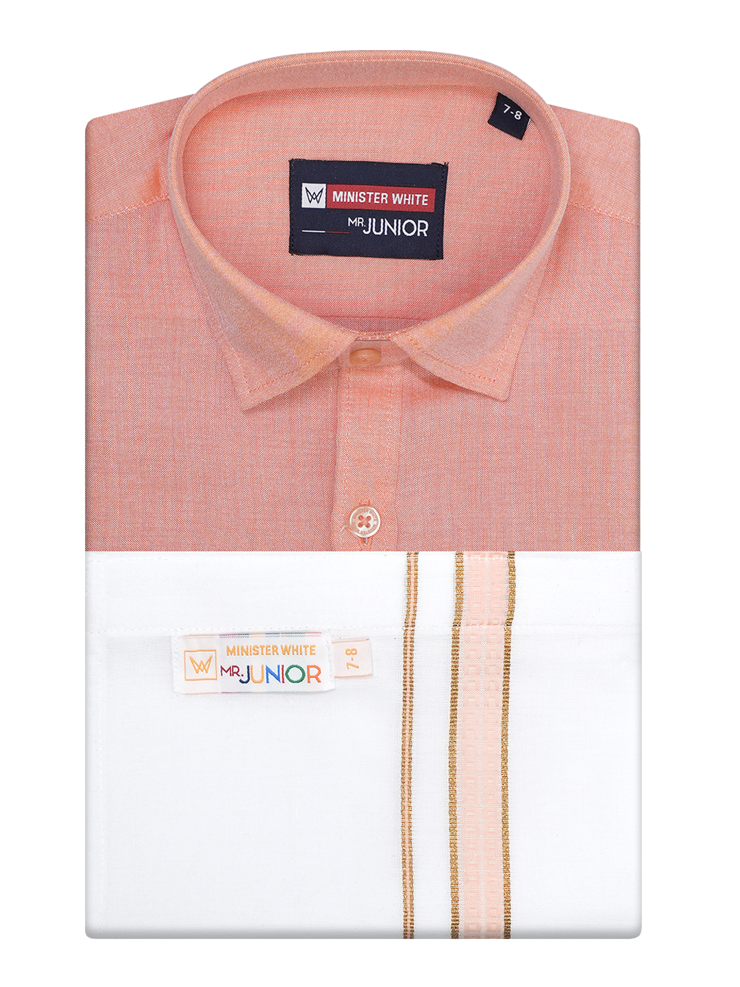 Boys Peach Matching Half Sleeves Shirt with Fancy Flexi Dhoti Combo Brave Boy by Minister White